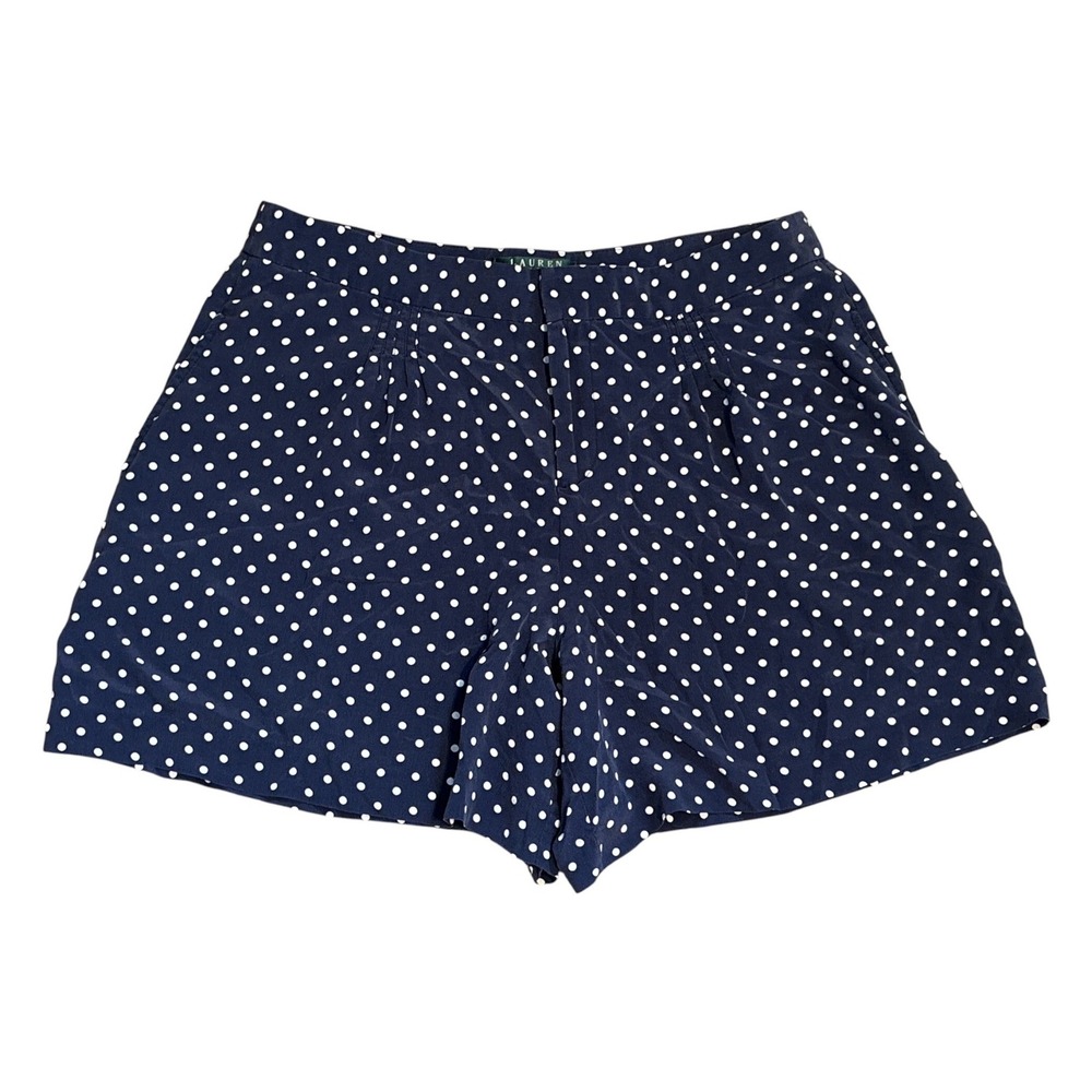 Lauren Ralph Lauren 100% Silk Navy Shorts With White Polka Dots, Size 8, Classic